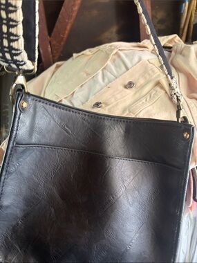 Black Leather Shoulder Bag with Patterned Strap